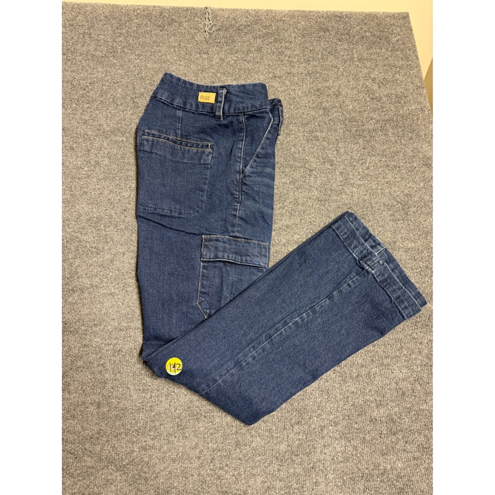 PAIGE Women's Blue Dark Wash Cargo Pocket Flare Jeans Stretch Size 30